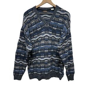 Vtg 90s Bachrach 3D Knit Sweater Mens L Blue Gray Wool Blend Grandpa‎ Abstract